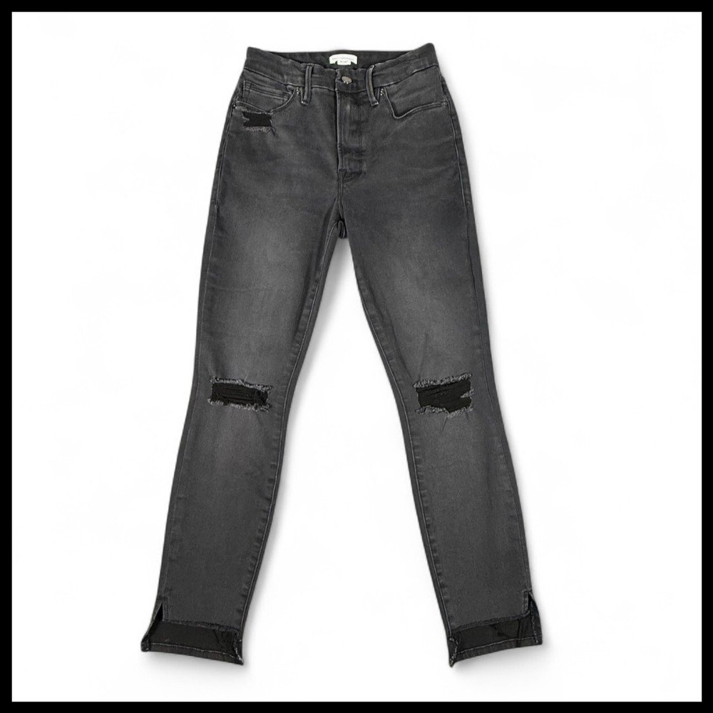 Good American Good Legs Crop Black Distressed High Rise Slit Skinny Jeans 4 27